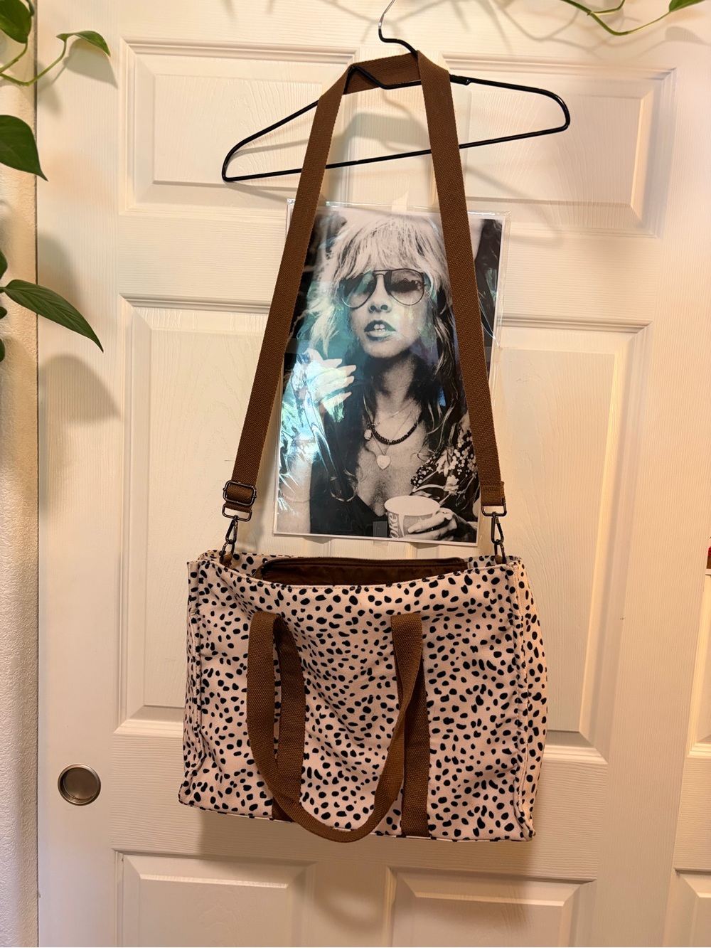 Source Unknown Cream and Black Spotted Canvas Shoulder Bag with Brown Straps